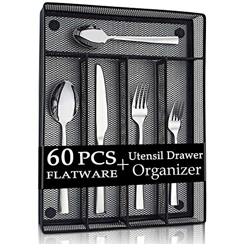 LIANYU 60-Piece Silverware Flatware Set with Organizer Tray, Stainless Steel Square Cutlery Set