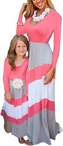 Mommy and Me Long Sleeve Matching Maxi Dress Mother and Daughter Boho Striped Chevron Outfit Clothes