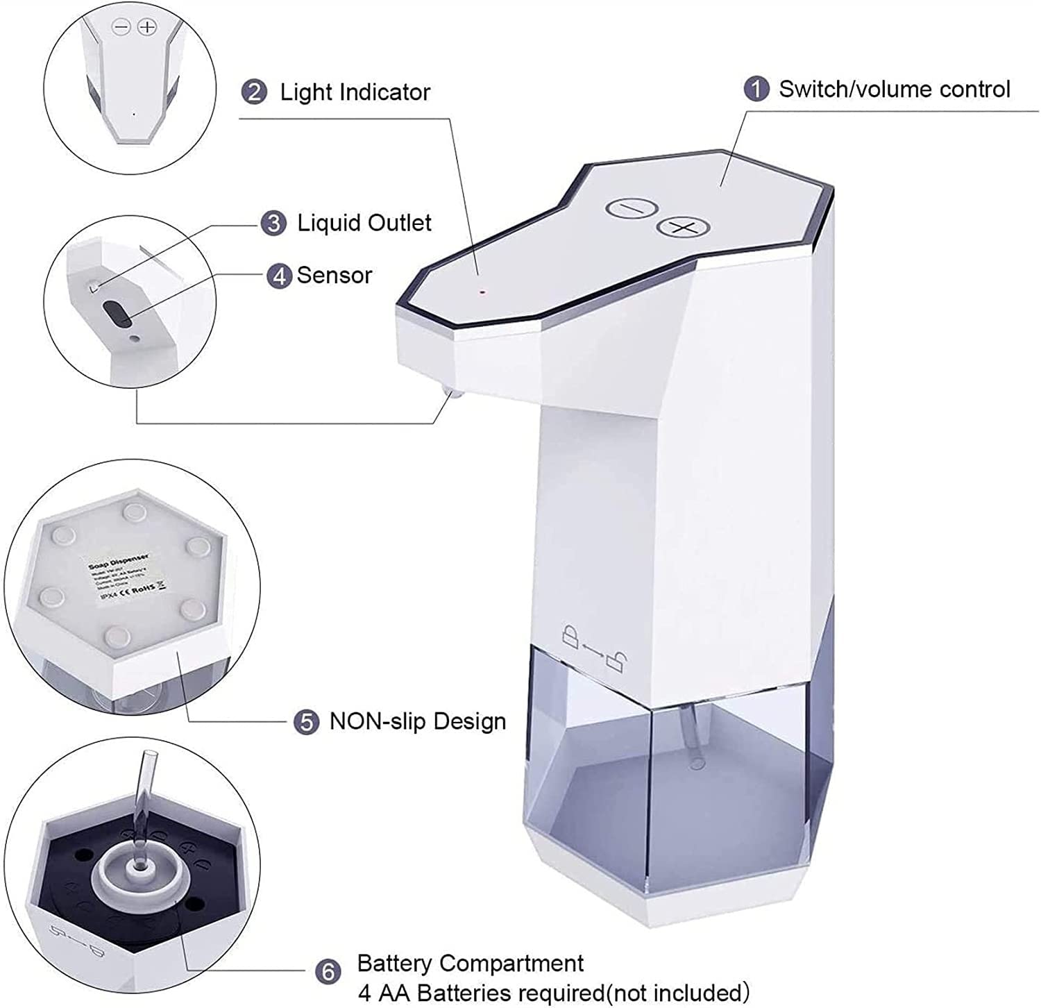 Dispensador de jabón sin contacto, dispensador automático de jabón espumoso recargable para cocina y baño, montado en la pared para uso higiénico, funcionamiento manos libres