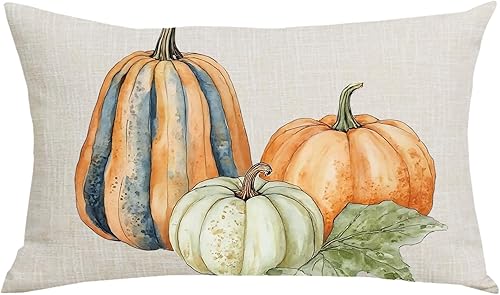 Miniatura 1 de Funda de almohada decorativa rectangular de lino y algodón, diseño de acuarela, calabaza, hojas y hojas de otoño, para el hogar, sofá, silla, cama,
