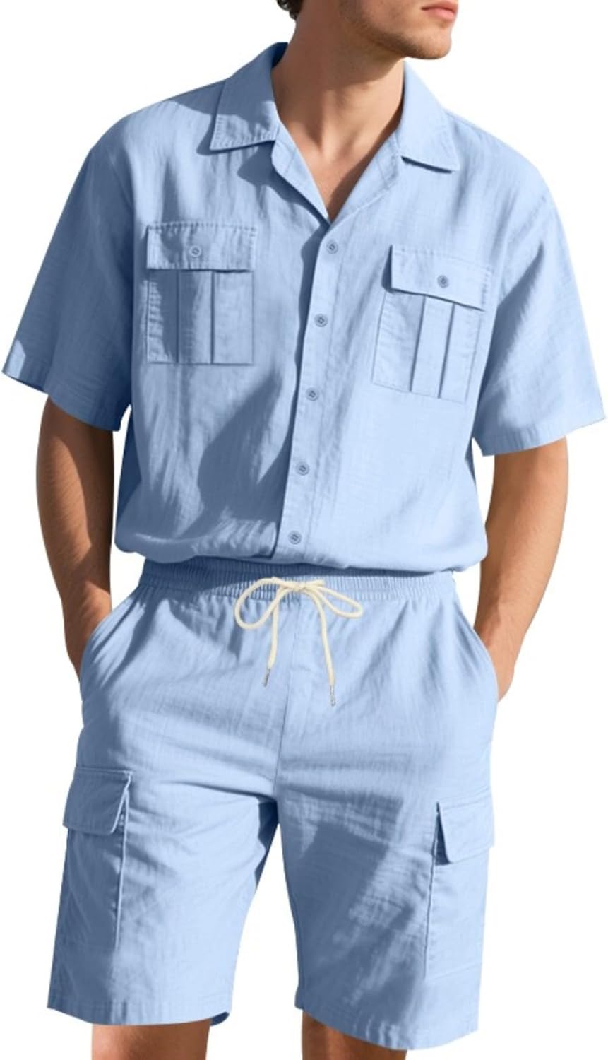 Men's Casual Suits 2 Piece Sets Summer Long Sleeve Button Down Shirt and Shorts