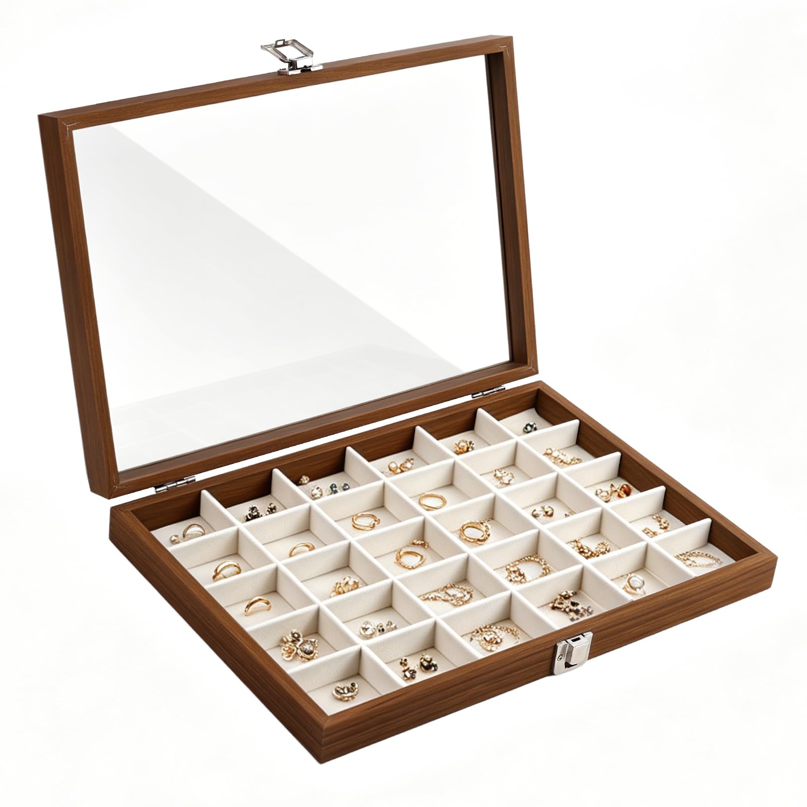 Organiseur de bijoux en bois pour femme, coffret vintage 30 grilles cadeau boucles d'oreilles