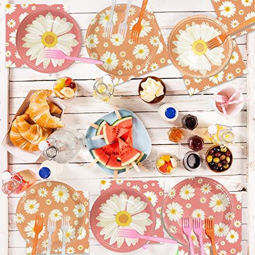 Daisy Flower Party Supplies Tableware Set White Daisies Flowers Summer Spring Theme Party Decorations Including Paper Plates Napkins Forks For Wedding Birthday Baby Bridal Shower (Rose Red,24 Guests) #TOP6