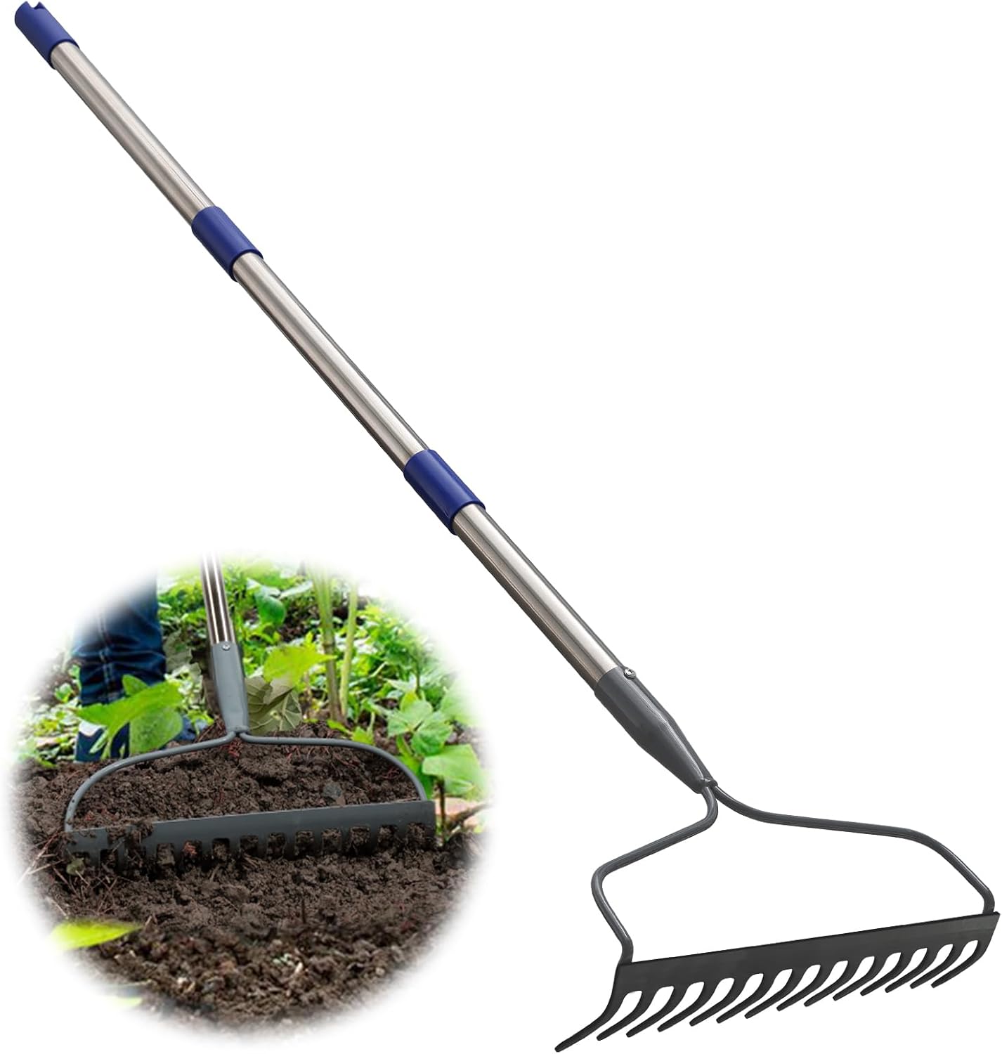 Garden Rake, 60 Inch Long Handle Garden Rake with 14 Tongs