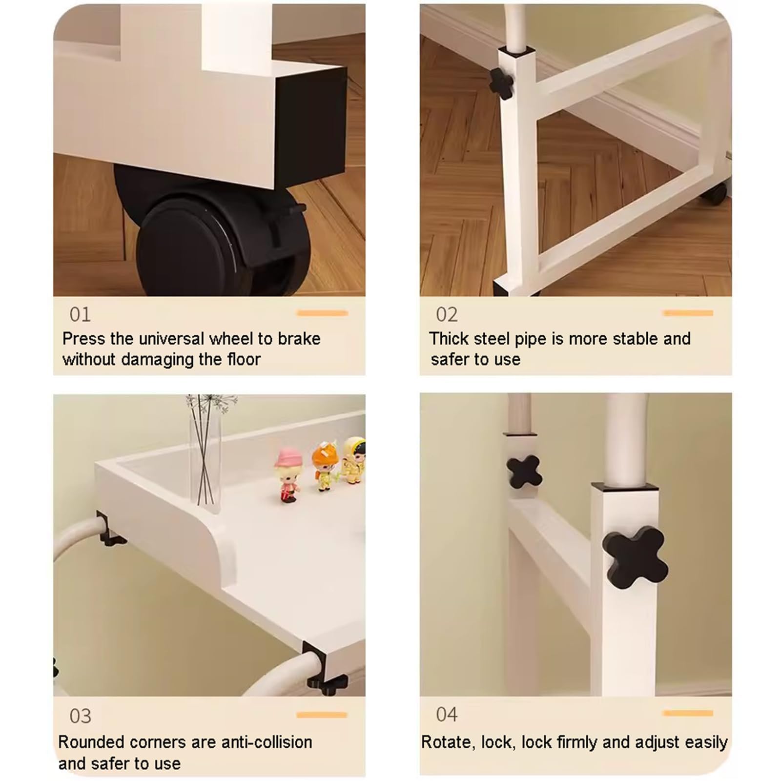 Scrivania Regolabile in Altezza sopra Il Letto 65-95cm,Tavolo per Mobilità sopra Il Letto con Ruote，Tavolo Mobile con Pannello，Ideale per Computer E Vassoio per Alimenti(Color:Legno)