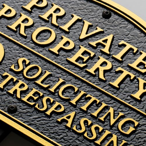 Morgtta Private Property No Soliciting No Trespassing Statement Plaque Solid Metal Cast Yard Sign Heavy Duty Material Embossed Letters 11.57.5 with 31.5 Stakes and Upgraded Stainless Screws