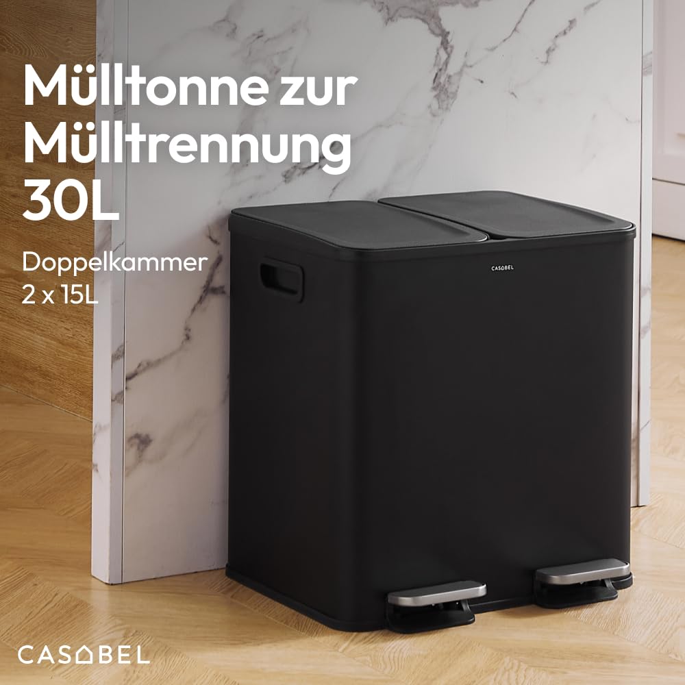 CASABEL Doppel-Küchenmülleimer 2x15L aus Edelstahl, fingerabdruckresistent, luftdichte Deckel mit Fußpedal, ideal für Recycling in Küche, Bad oder Büro - Schwarz