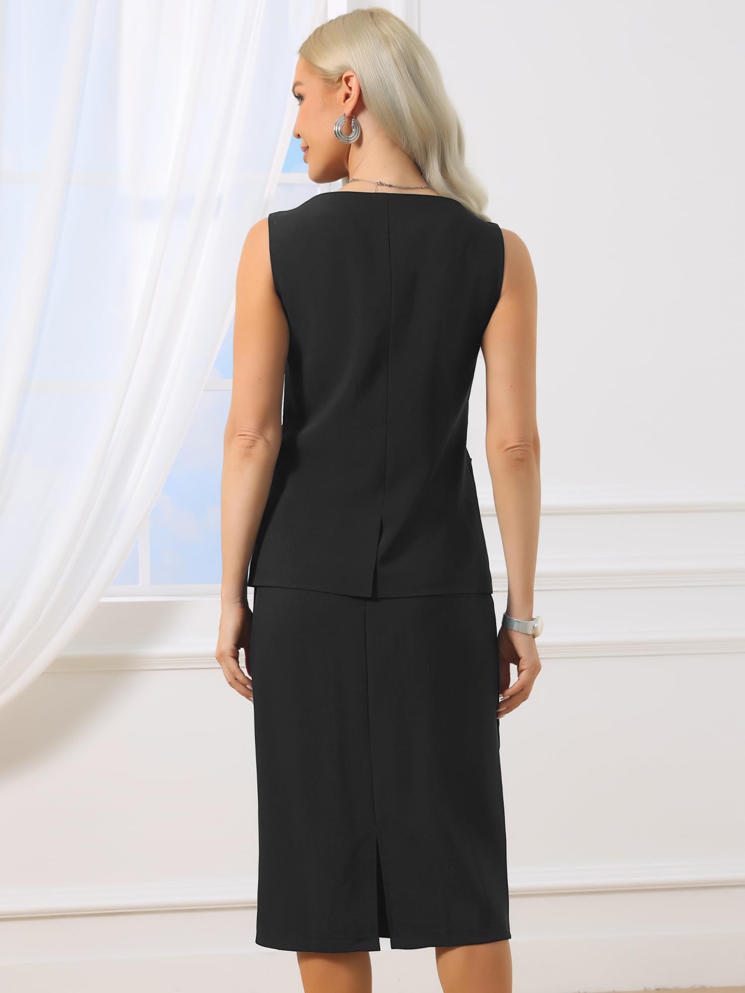 Allegra K Ensemble de 2 jupes en lin sans manches pour femme, col bateau, blazer boutonné et jupe crayon
