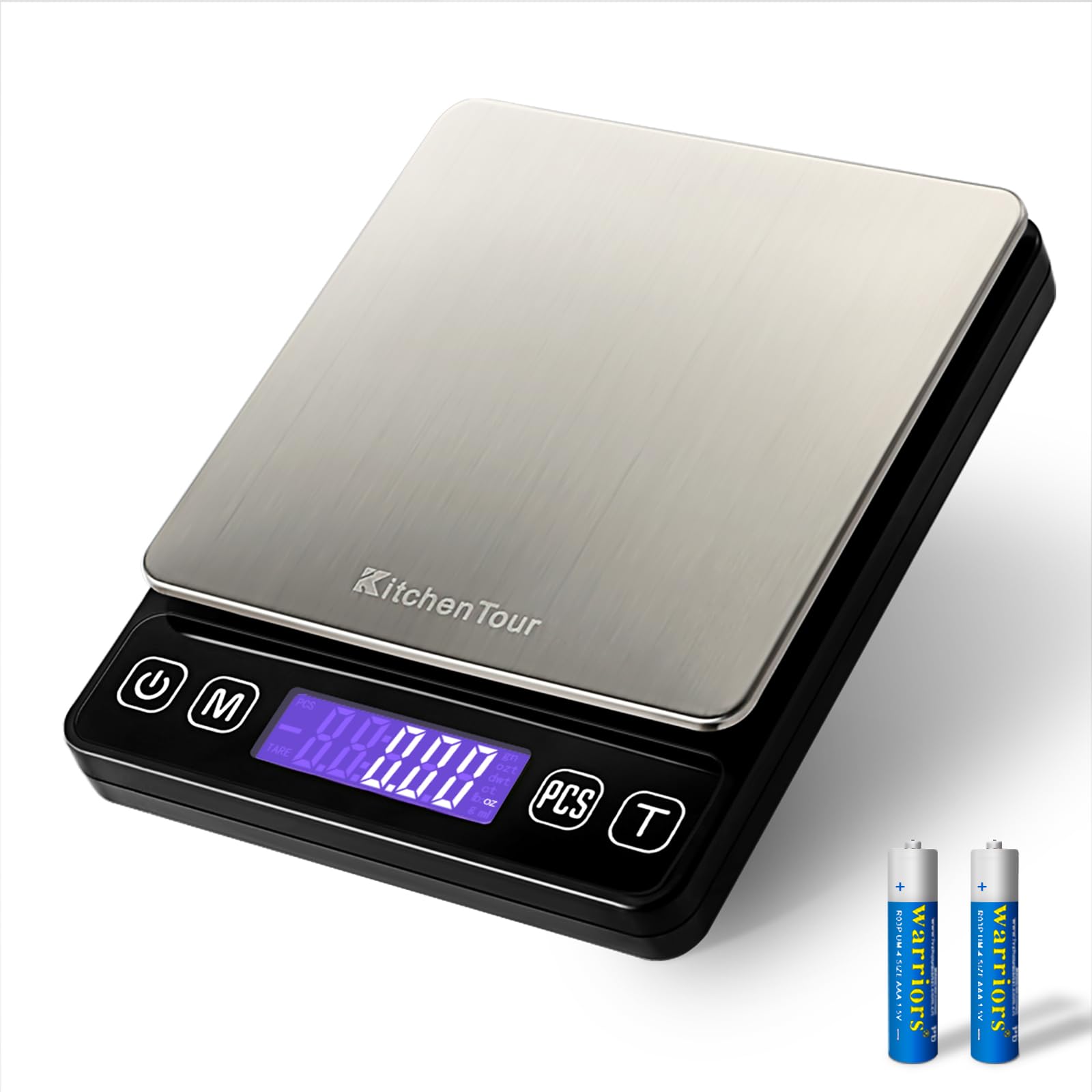 K KitchenTourDigital Kitchen Scale - 3000g/0.1g - High Accuracy Precision Food Scale with 9 Units(g/oz/ml/lb/lb:oz/gn/ozt/DWT/ct) - Meat Scale with Back-Lit LCD Display(Batteries Included)
