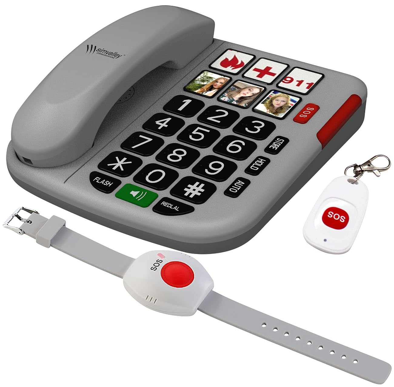 Communications Festnetztelefon: Senioren-Notruf-Telefon, Funk-SOS-Taster & zusätzliches SOS-Armband (Notruftelefon, Tischtelefon)
