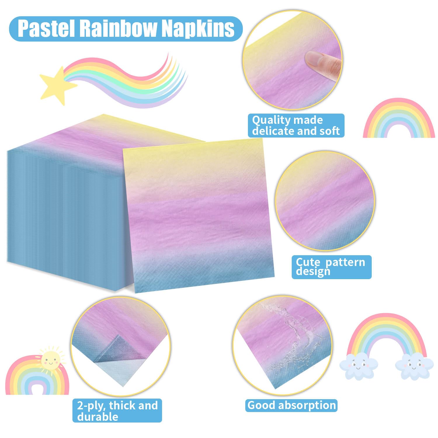100 Serviettes De Table Arc-en-Ciel Pastel - 33x33cm - Pour Fête Anniversaire, Baby Shower - Déco Festive