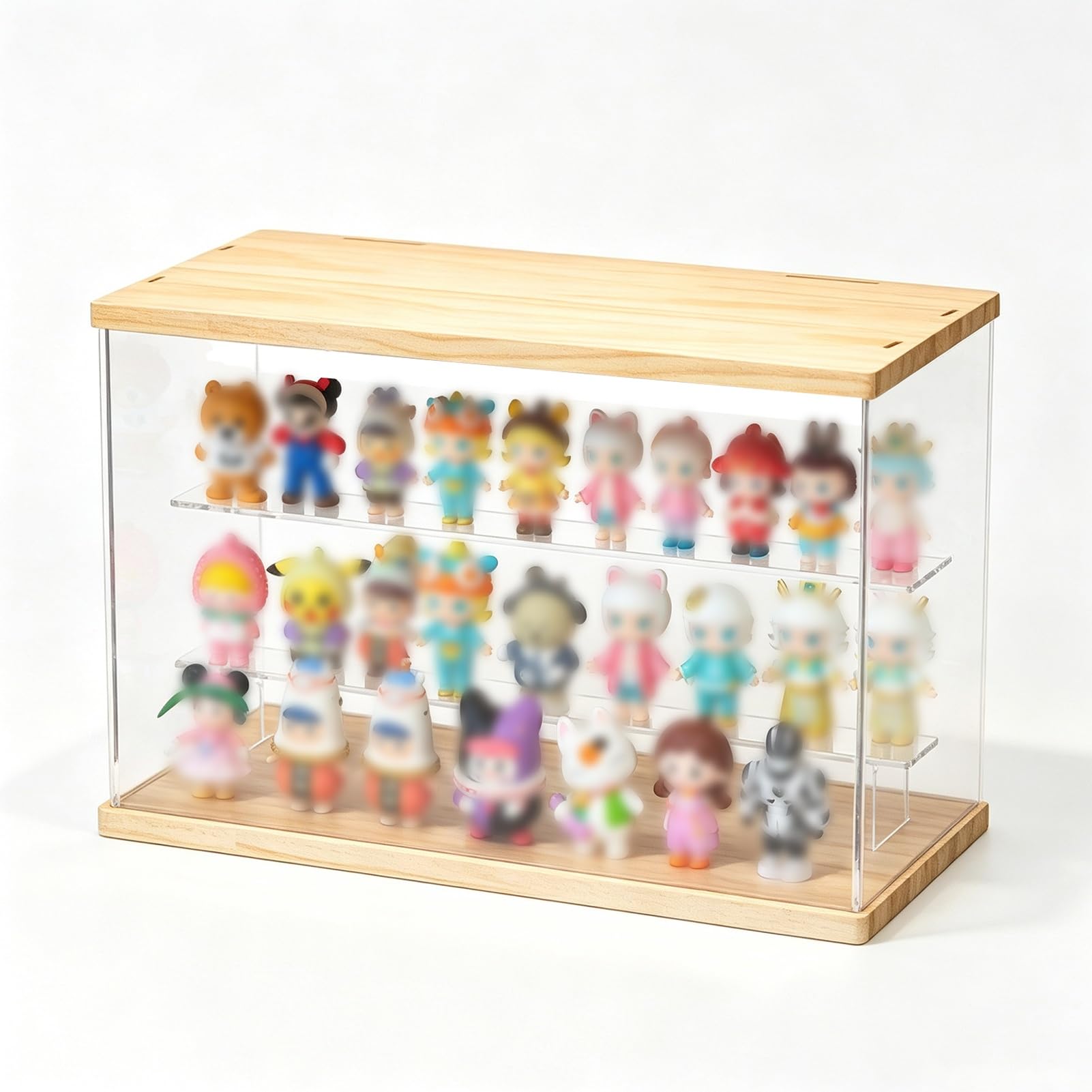 Teca Plexiglass Vetrina Espositiva Multistrato in Acrilico con Supporto | Vetrina con Ripiani Rimovibili e Frontale Aperto, Lunga 50 cm, con Base e Coperchio in Legno, Ideale(3 Tier-50x16.5xH25cm)