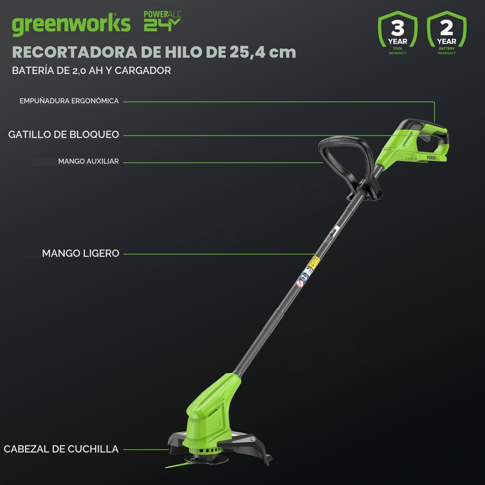 Greenworks 24V desbrozadora bateria para Jardines pequeños y medianos, 25 cm de Ancho de Corte, Incluye 20 Cuchillas de plástico para Clientes con batería de 2.0 Ah y Cargador
