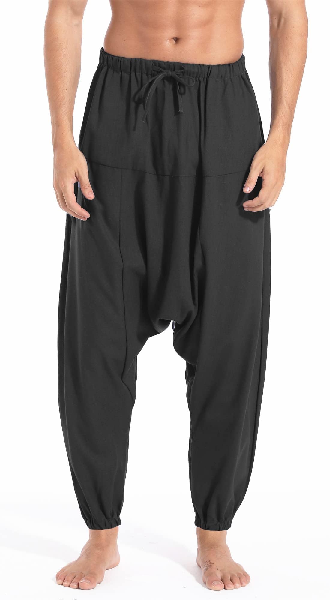 AITFINEISM, Pantaloni harem da uomo, comodi, con vita elasticizzata, alla moda, in tinta unita, casual, in stile hippie, per yoga