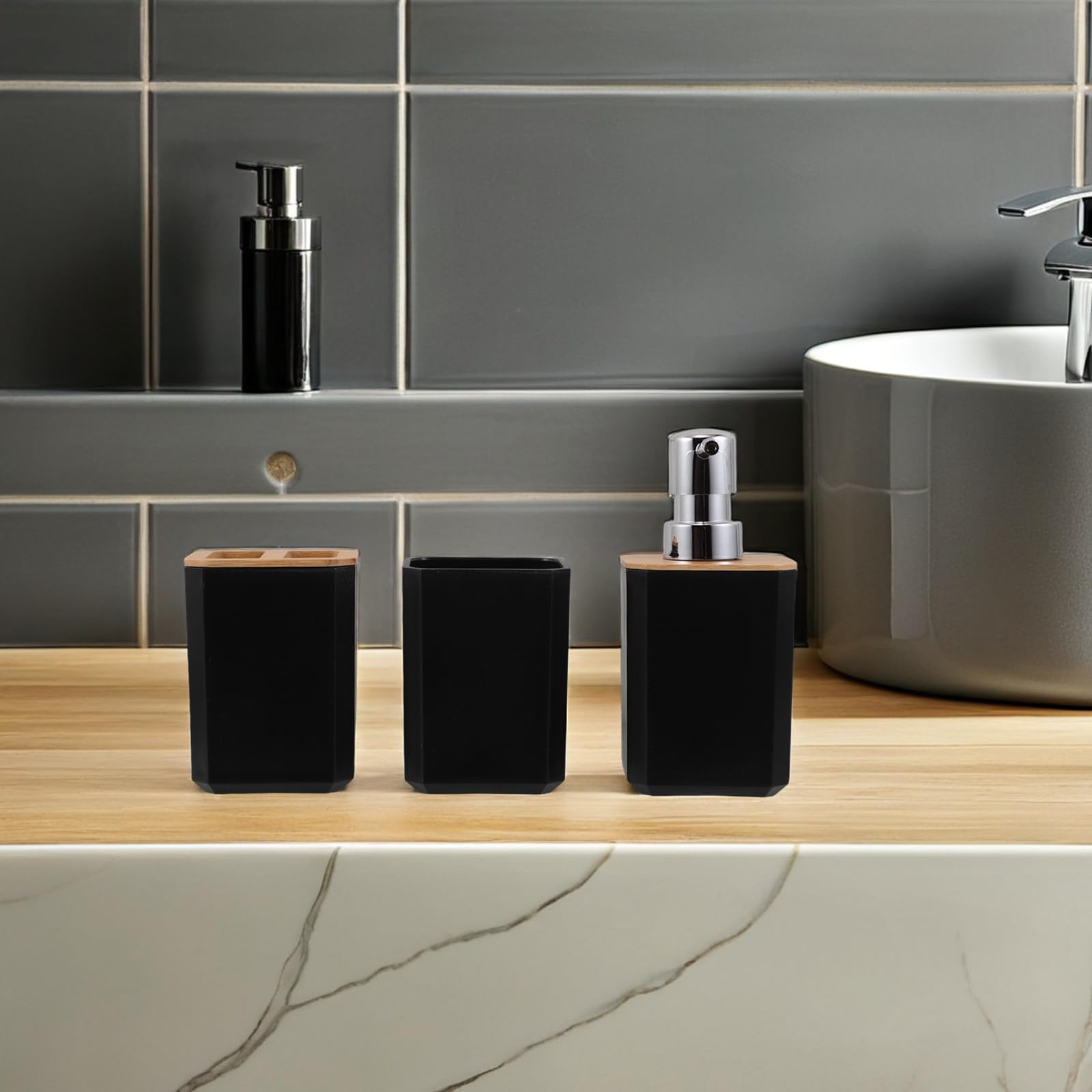 Juego de Baño Accesorios Completo de Bambú Negro Dispensador de Jabón y Soporte para Cepillo de Dientes para Uso en Hotel y Hogar