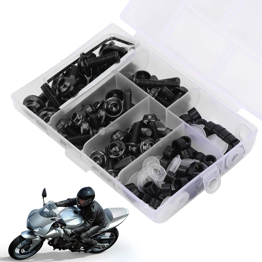 158Pcs Bulloni Per Carenatura Moto, Viti Per Parabrezza Moto di Fissaggio Clip di Fissaggio in Alluminio Kit Chiavi Per Guarnizioni Dadi Per Riparazione Moto(Nero)