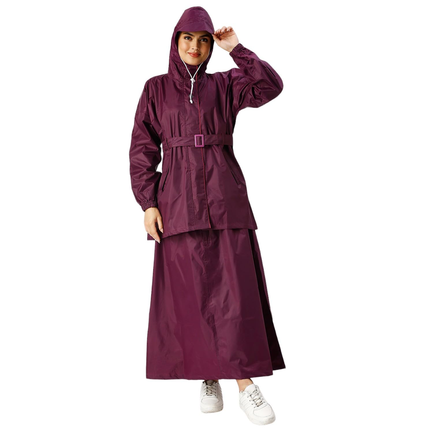 HighLands Womens waterproof raincoat skirt suit with hood zip up anorak style PVC rainjacket with belt-image-8