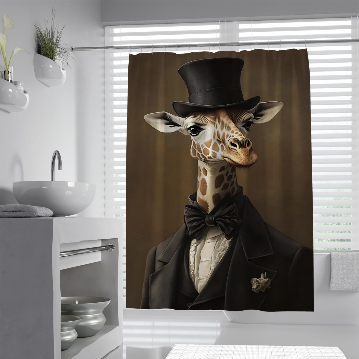 UIRINGART Lovely Giraffe Shower Curtain W120xL180cm Water Repellent Anti Mould Wild Animal Retro Bowtie Costume Fabric Bath Curtains Rustproof Grommets Tub Liners