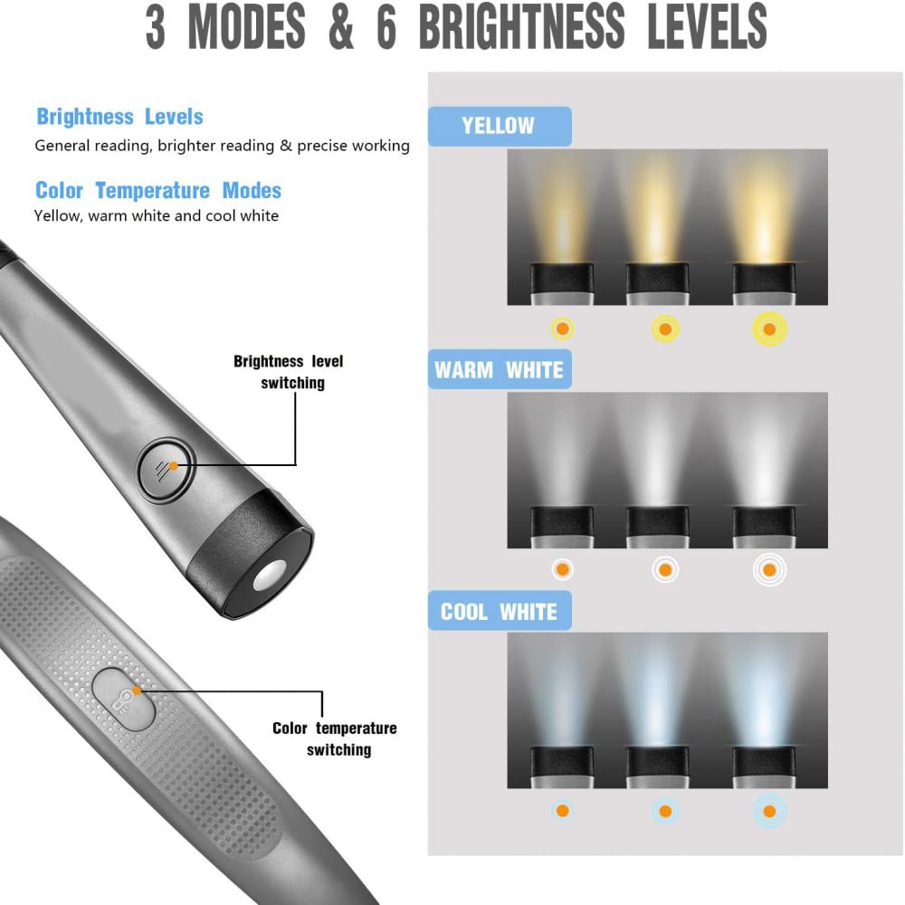 LED Lampada da Lettura per Collo, Luce da Lettura per Leggere a Letto, 3 Colori, 6 Livelli di Luminosità, Bracci Pieghevoli, Ricaricabile, Lunga Durata, Perfetta per Leggere, Campeggio