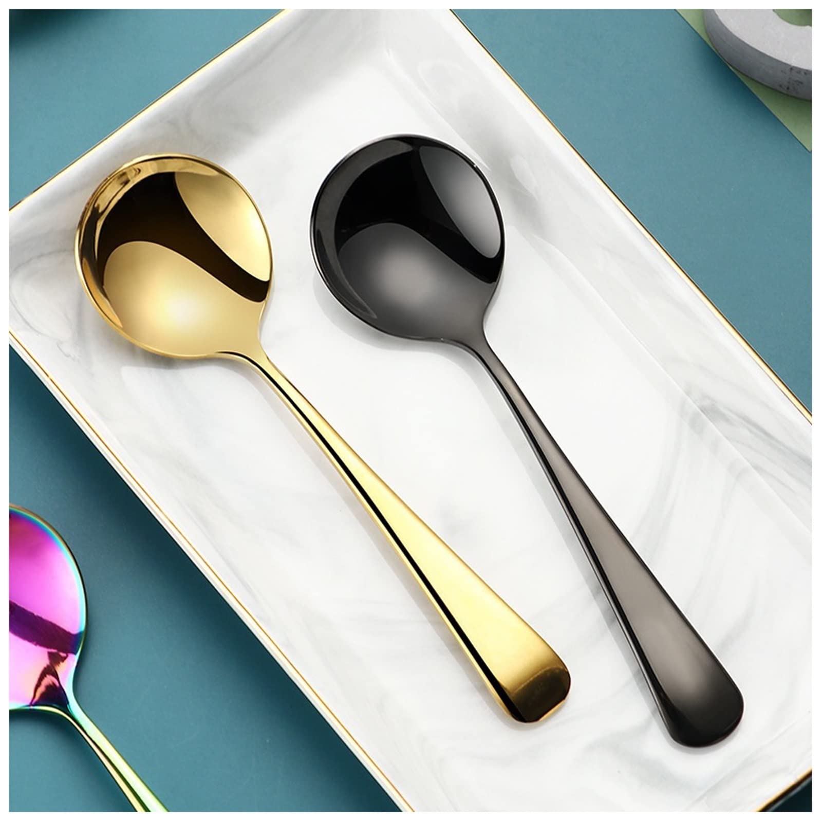 Cucharas De Cocina Cucharas de postre, cucharas de sopa de acero inoxidable, cabeza redonda colorida, helado, pastel, postre, cuchara mezcladora de café, vajilla de cocina Cucharas Para La Cena(C)