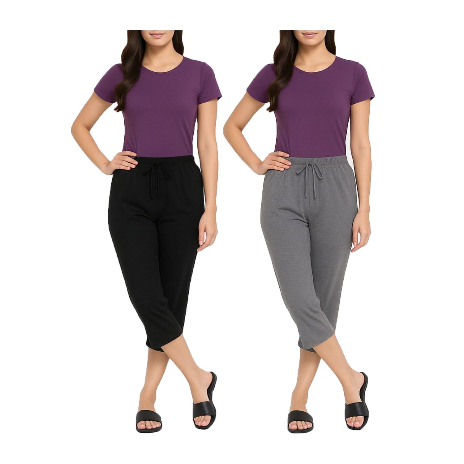 brand flex Women's Cotton Plain Capri Pants, Loose Yoga Pants for Women (Combo Pack of 2)-picture-38