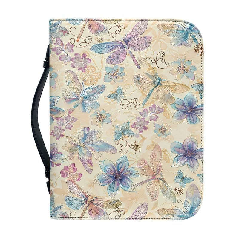Kuiaobaty Dragonfly Flowers Bible Cover with Handle, PU Leather Book Bag, Colorful Dragonflies Floral Zipper Book Case for Women — image 1