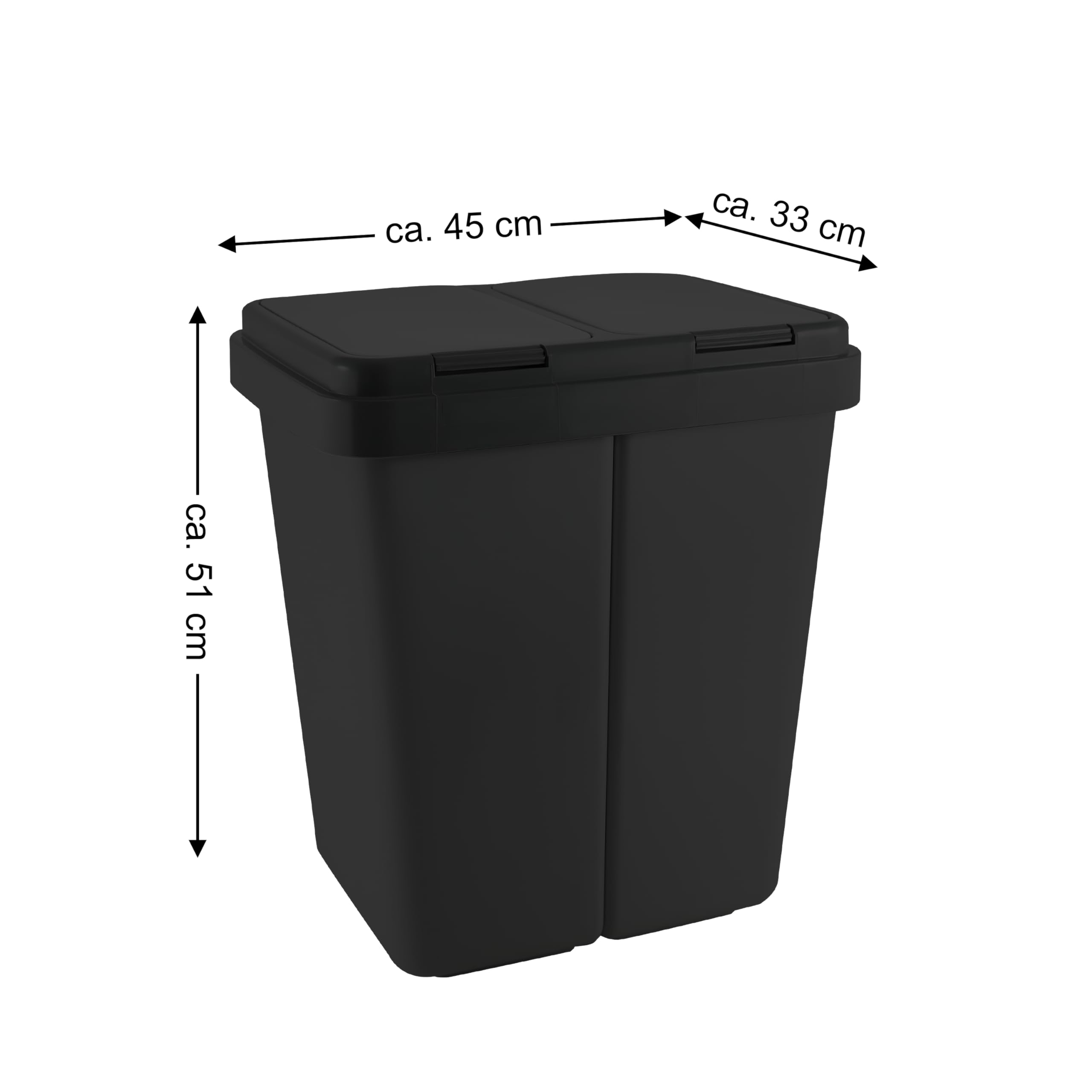 Ribelli Zweimer Duo Müllbehälter mit Deckel 2 x ca. 25 Liter, Kunststoff Mülleimer für die Küche geruchsdichter Abfalleimer Mülltrennsystem, ca. 45 x 32 x 51 cm, Schwarz, 502000