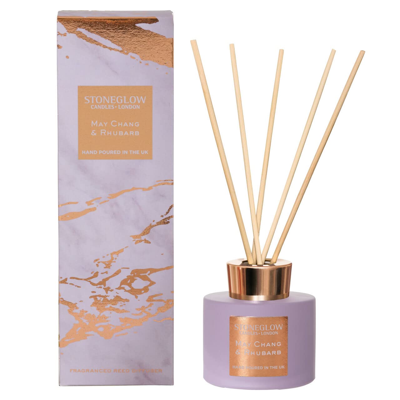 Stoneglow Luna Collection May Chang & Rhubarb Scented Reed Diffuser 120ml with 10 Rattan Reed Diffuser Sticks, Orange Grapefruit Fig Cedarwood Musk Scent, Lasts 10 Weeks, Refillable Home Fragrance