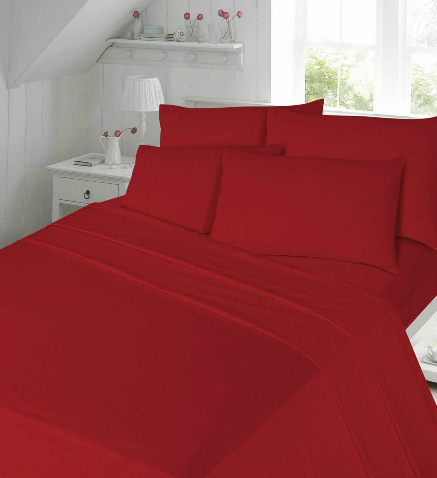 180 Thread Count 2 Piece Pillowcases (Red) ; Soft & Breathable, Polycotton Percale Quality Pillow Cover (50cm x 75cm)