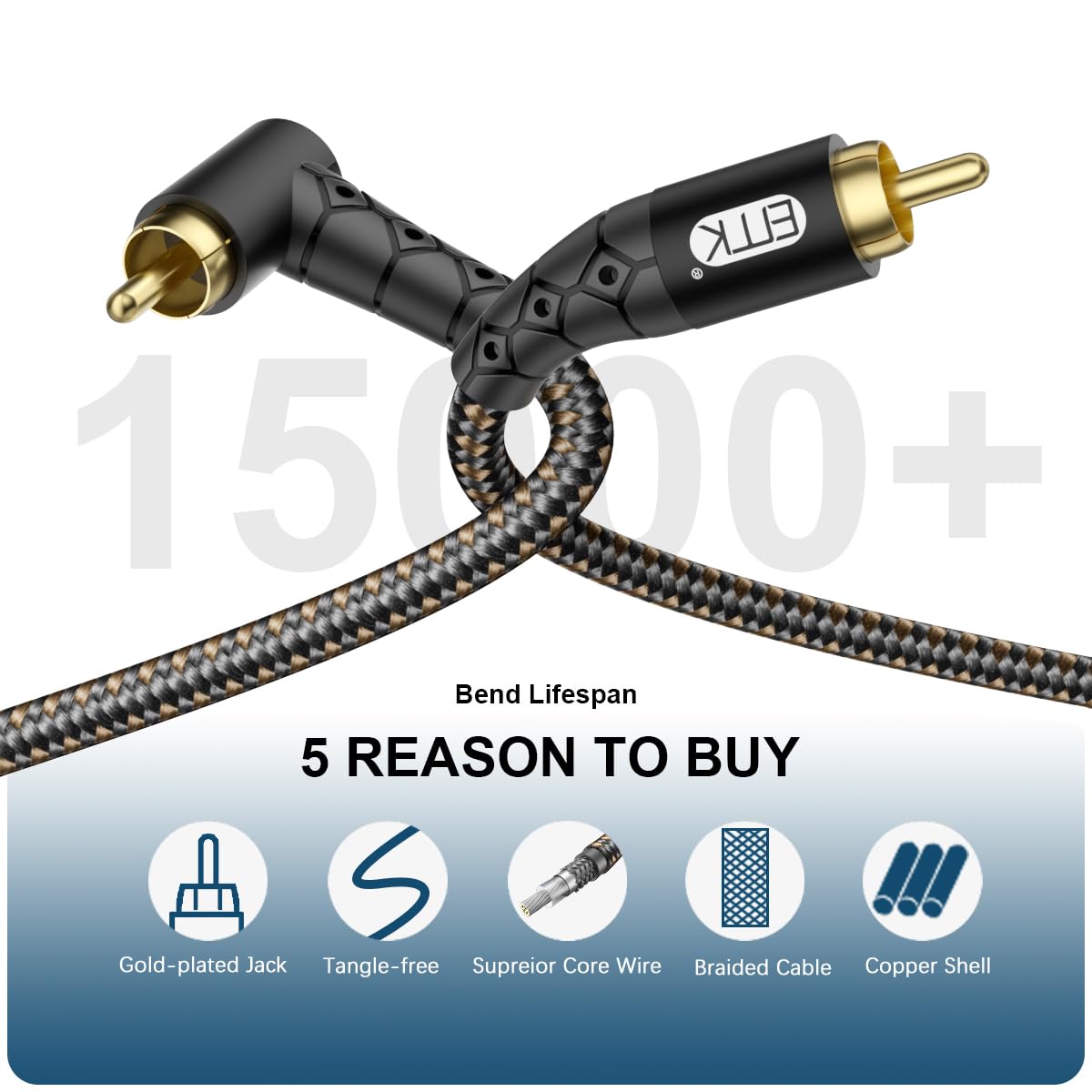 EMK Cavo subwoofer RCA a 90 gradi, connettore placcato oro 24 K, in nylon intrecciato, doppia schermatura, supporta segnali digitali e analogici per amplificatore, home theater, sistema Hi-Fi