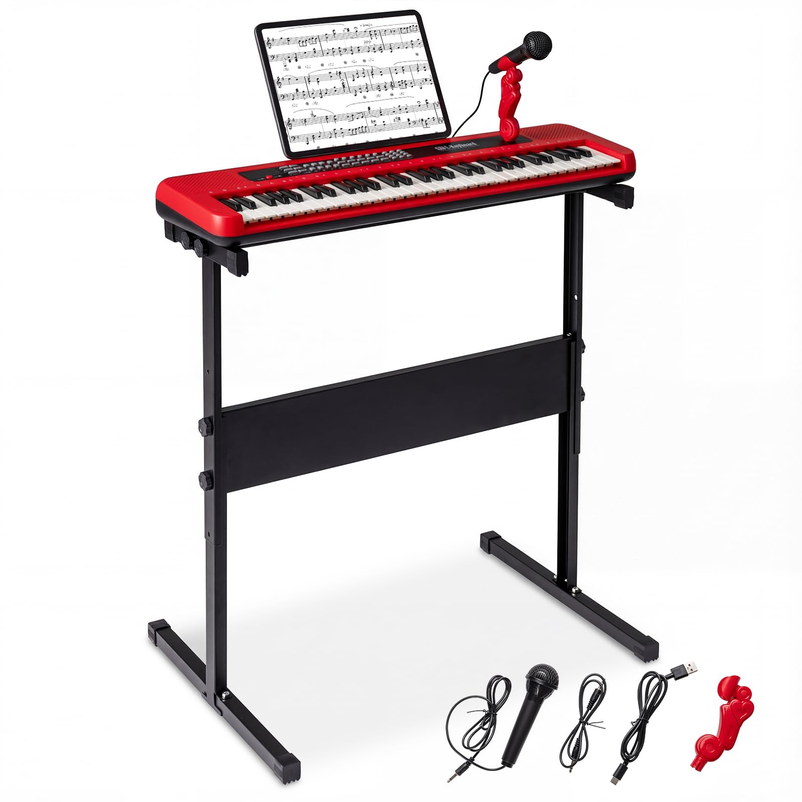 COSTWAY 61 Tasten Kinder Keyboard, Elektronisches Kinderklavier mit verstellbarem Ständer, Mikrofon & Notenständer, Kinderpiano mit Sounds, Demos & Rhythmen, für Kinder ab 3 Jahren (Rot)