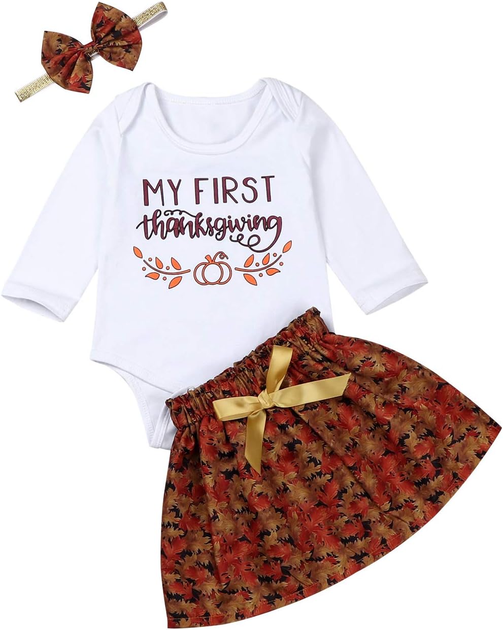 My First Thanksgiving, Newborn Baby Girl Thanksgiving Outfit, Romper Skirt Headband Clothes Set
