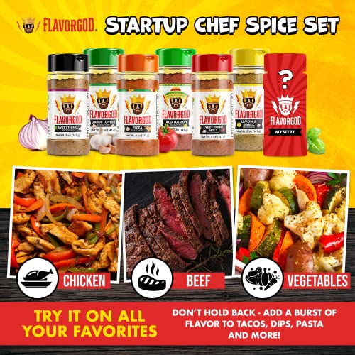 Startup Chef Spices, Combo Pack Of 7 - (Everything, Everything Spicy, Garlic Lovers, Lemon & Garlic, Pizza, Taco Tuesday & One Mystery Flavor) - Herb, Spice And Seasoning Gift Set - Low Sodium Chicken, Beef, Seafood, Vegetable Seasoning By Flavor God #TOP2