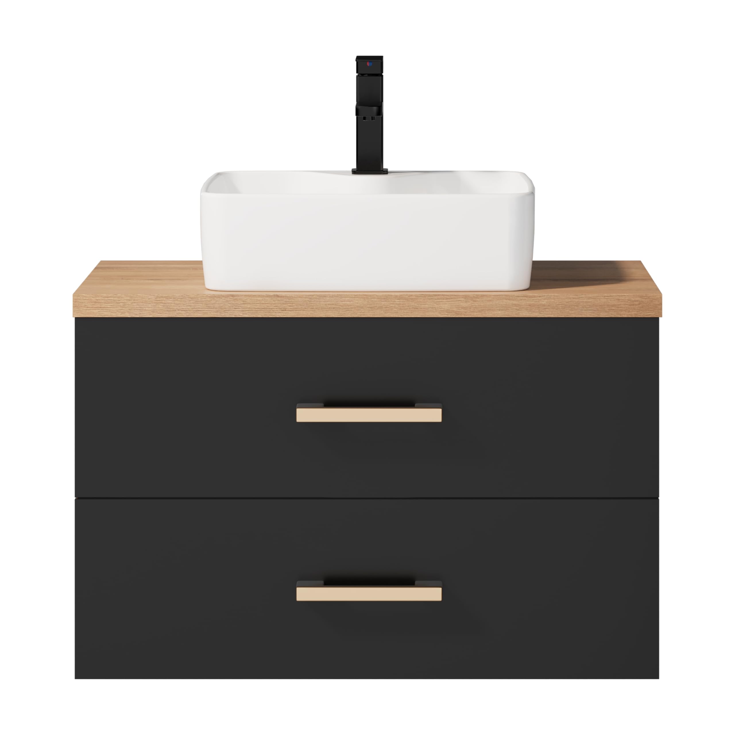 UEV Mobile Bagno 80CM con Lavabo in Stile Rustico,Lavandino con Mobiletto da Parete, Mobiletto Bagno Sospeso Impermeabile e Resistente, Nero