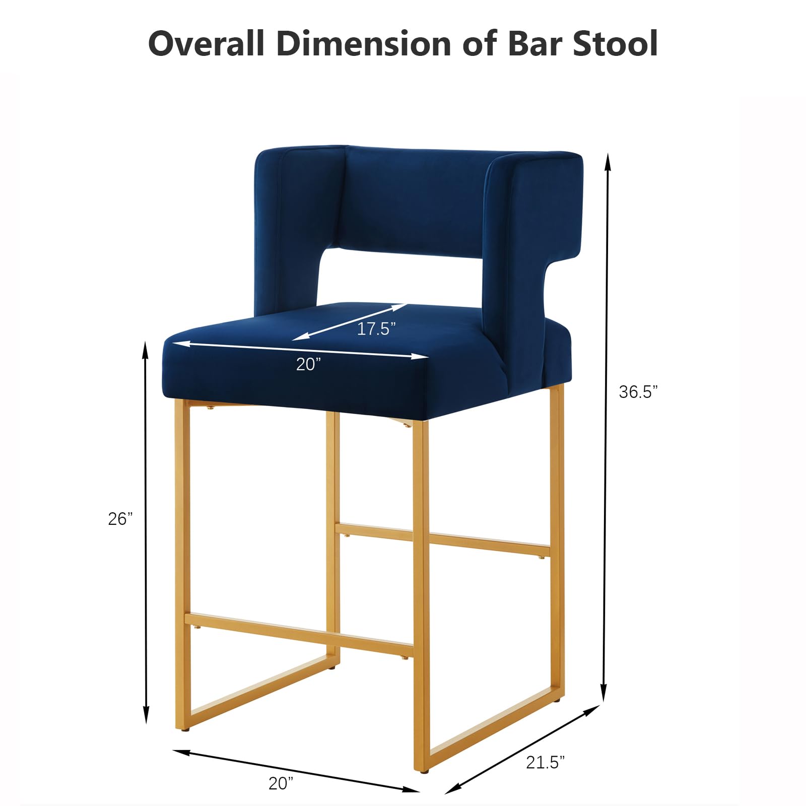 26in Counter Height Bar Stools with Square Open Back Modern Bar Chairs for Kitchen Island Fabric Velvet Counter Stools with Metal Leg for Restaurant Dining Room Navy Blue and Gold