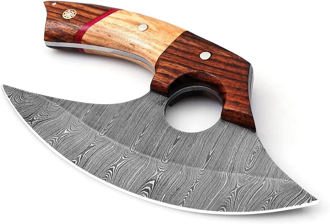 Bushcraft Custom Handmade Damascus Steel Ulu Knife - Alaskan Ulu Knife With Sheath - Multi-Purpose Alloy Steel Knife For Skinning, Hunting, Chopping, (Rose Wood & Olive)