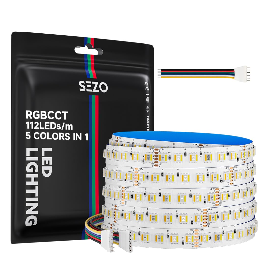 SEZO 5050 RGBCCT LED Streifen lichter 5 in 1 RGB+Warmweiß 3000K-6000K 24V 5M 112LEDs/M IP30 Nicht wasserdicht RGBW RGBWW Superhelles led band für die Beleuchtung zu Hause und im Schlafzimmer(Weiß)