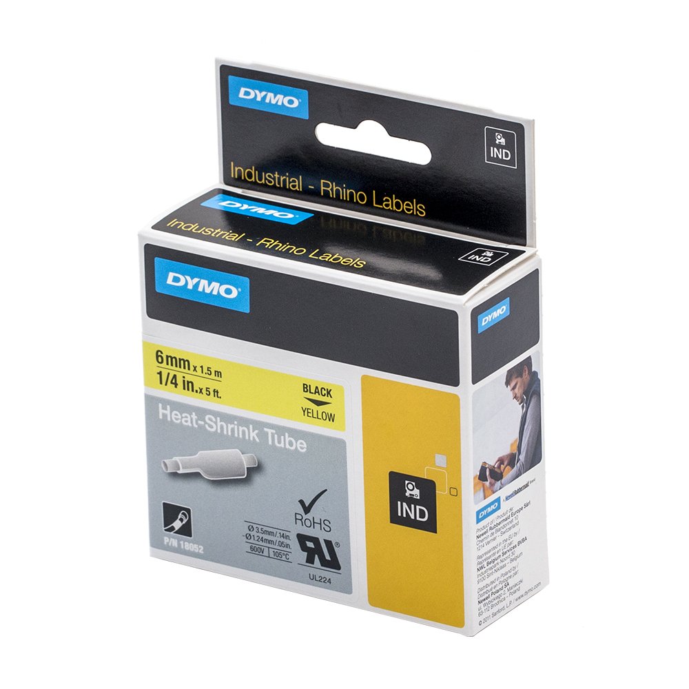 Dymo 18052 Rhino Industrieletiketten, Schrumpfschlauch, 6 mm x 1,5 m, Schwarz auf Gelb, 5 Stück