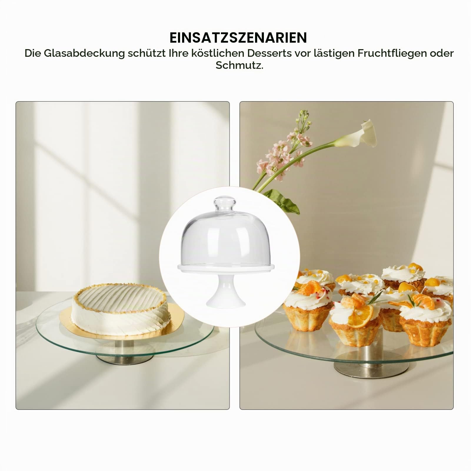 13CM Kuchenständer Keramik Tortenplatte Kuchen Glasglocke Porzellan Teller mit Kuchenglocke Tortenständer Haube Tortenglocke Glas Käseglocke Torten Glashaube Lebensmittel Abdeckung Deckel Cover