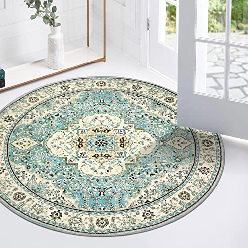 Lahome Floral Medallion Round Rug - 3Ft Distressed Small Round Area Rug, Soft Non-Slip Machine Washable Bedroom Mat Indoor Accent Entry Carpet for Office Desk Dorm Hallway 3ft-Round Sky/Baby