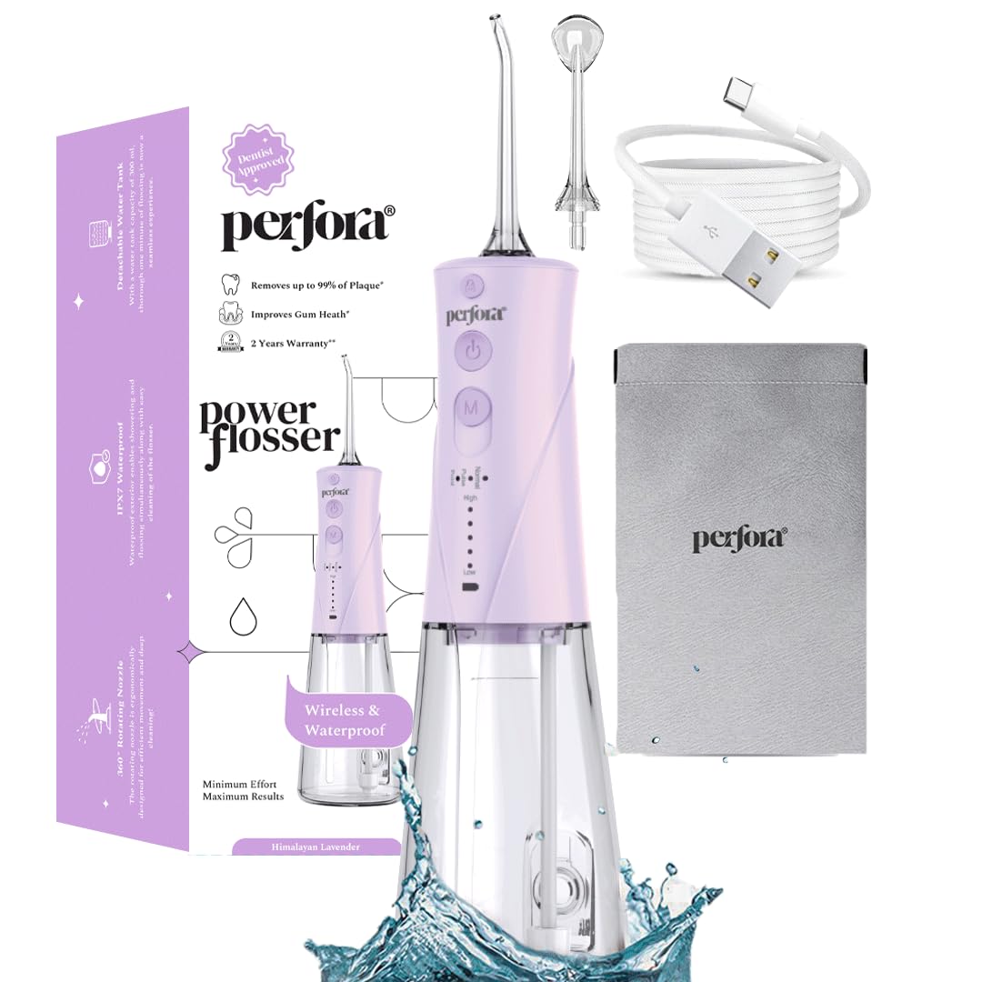 Perfora Power Water Dental Flosser -300 ml Tank with Custom 8 Water Pressure Settings & 2 Nozzles, 1500 mAh Battery | 2 Year Warranty | Dental Floss for Teeth Oral Care,IPX7 Waterproof, Rechargeable