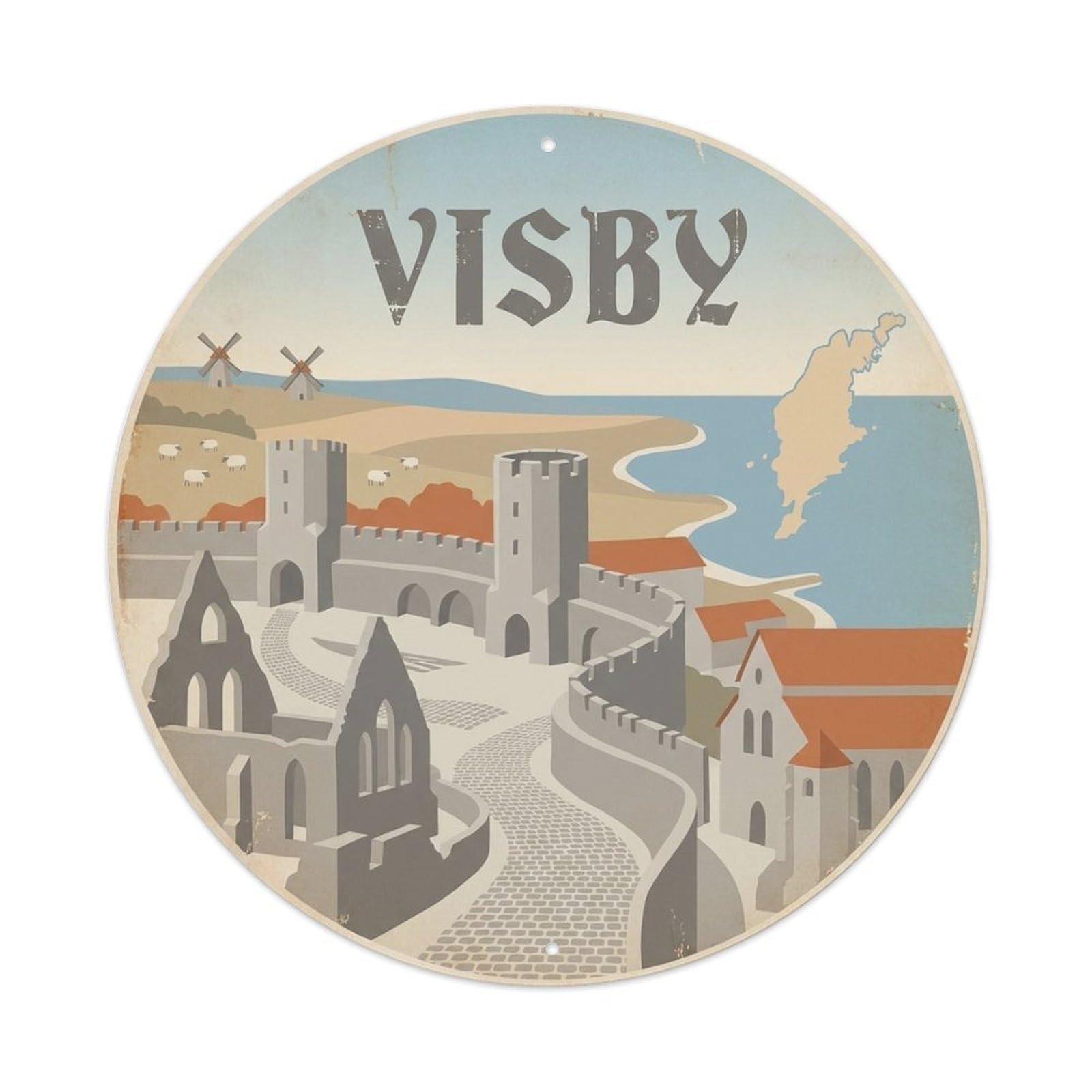 Olyhtr 8X8inch Classic Style Sweden Vintage Visby Travel Landmark Regional Heritage Metal Tin Sign