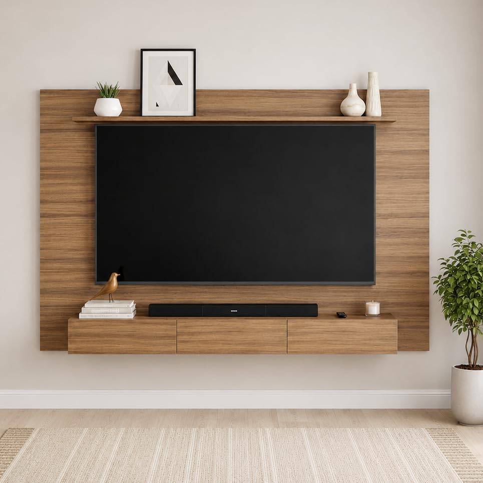 FURNEASER Laminor Wall-Mounted TV Unit with Storage & Display Shelf | Modern Entertainment Center | Fits up to 65 Inch TV | Exotic Teak Finish | 160 cm x 110 cm-image-49
