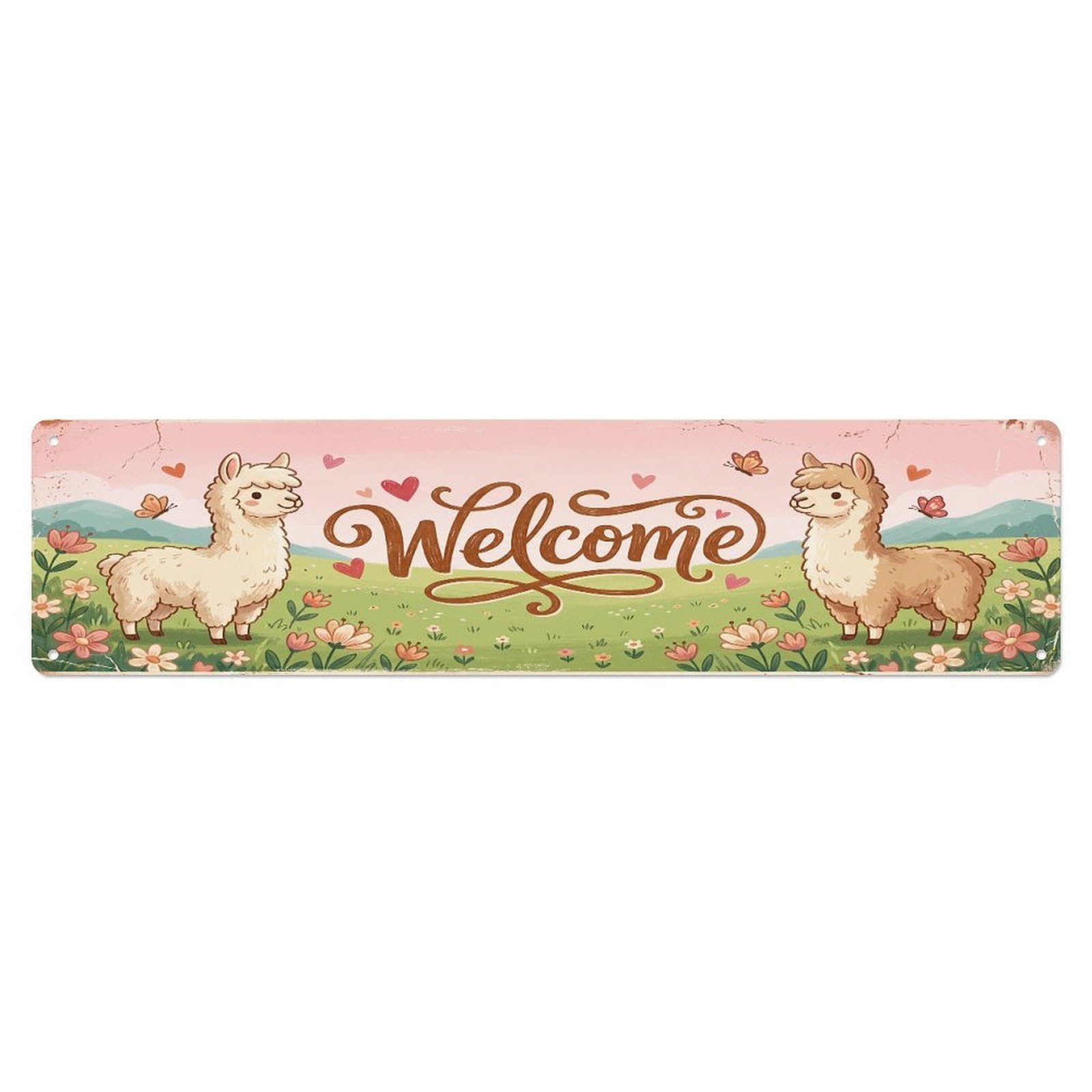 Olhnbad 4X16inch(10X40cm) Vintage Welcome Alpaca Meadow Metal Tin Sign