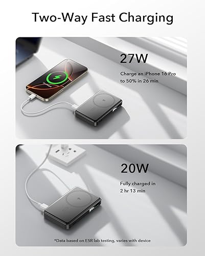 Miniatura 6 de ESR Cargador portátil MagSafe de 10,000 mAh, cargador portátil MagSafe con certificación Qi2 de 15 W con pantalla LED, cargador MagSlim USB-C de 27