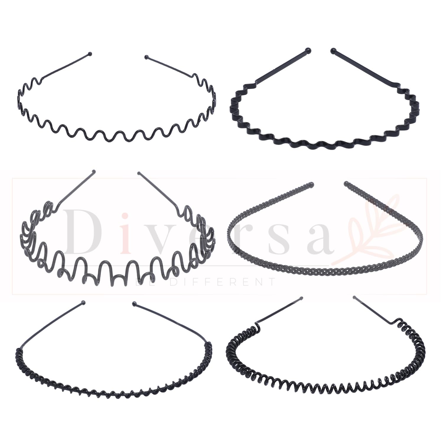 Diversa 6 Pieces Metal Hairband Sports Yoga Spring Wave Multi Style Non-Slip Black Metal Headband Unisex Fashion Adjustable Wavy Elastic Hair Hoop Band for Women, Men, Boys, and Girls