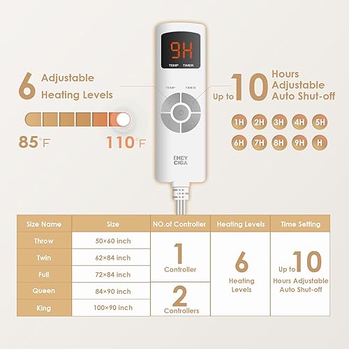 Miniatura 4 de EHEYCIGA Manta térmica eléctrica tamaño Queen  Manta de calefacción con 9 niveles de calefacción y 10 horas de apagado automático, suave y acogedora