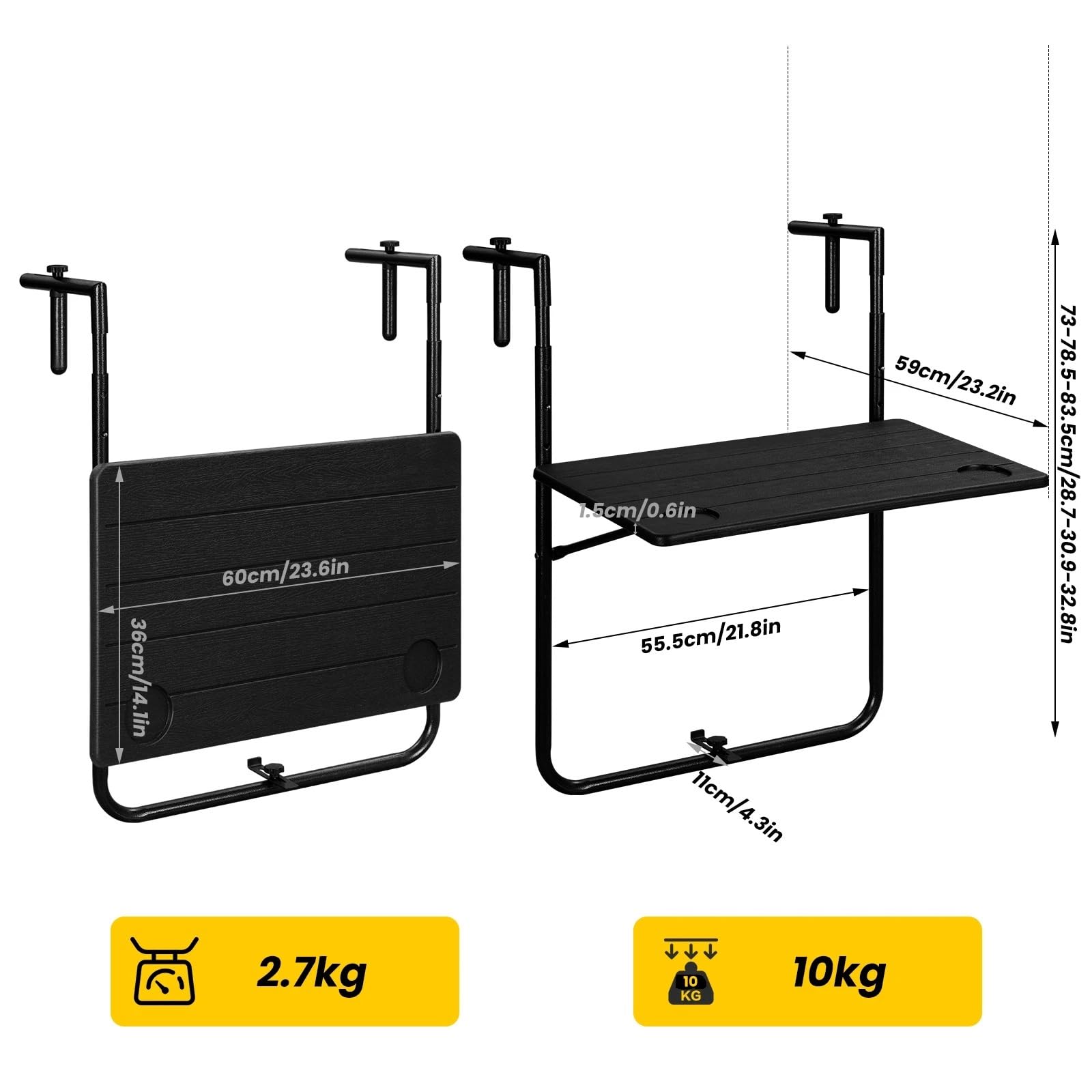 Table Balcon Suspendue Table de Balcon Murale Pliable, 3 Niveaux, réglable en Hauteur, résistante aux intempéries, 60 x 36 cm