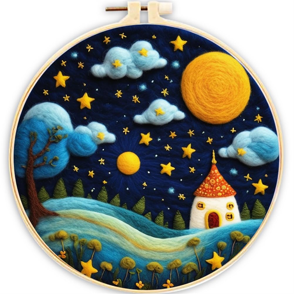 Meecaa DIY Needle Felting Kit for Beginners,Night Sky Starry Sky Lighthouse Including Wool Felt Supplies, Embroidery Hoops,Beautiful Wool Painting and Needle Felting Tools (Night Sky)