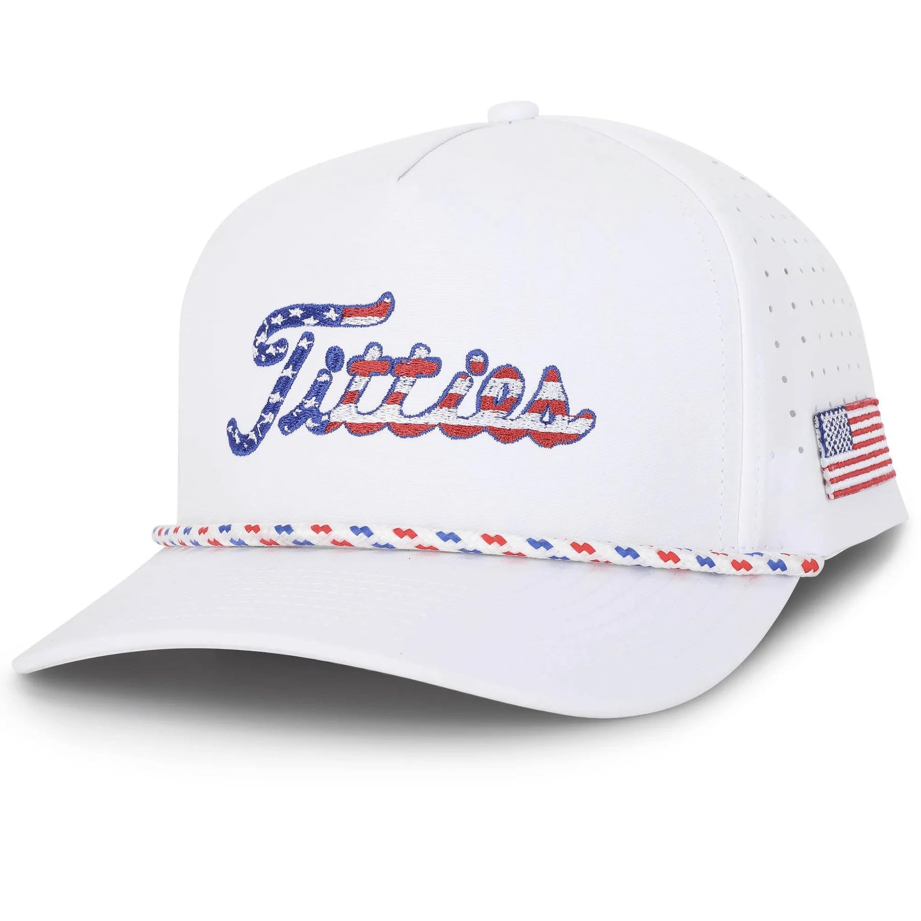 Curves &amp; Clubs Titties Golf Hat, Funny Rope Snapback for Men with USA Flag, Breathable Performance Golf Cap